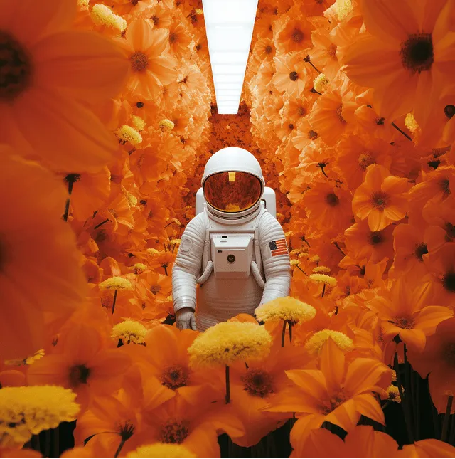 Astronaut standing in a field of orange flowers